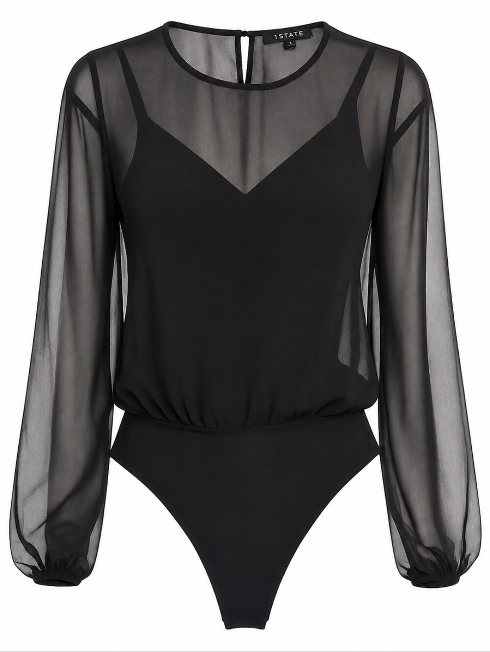 1. STATE Sheer Mixed Media Thong Bodysuit Blouse Black Long Sleeve Mesh Top
